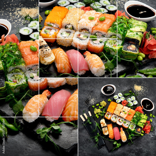 Collage of Sushi and roll set.
