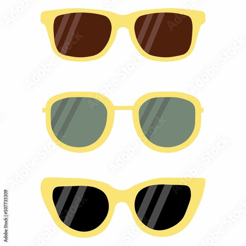 A set of yellow frame sunglasses with black and dark lenses. Vector illustration in flat style