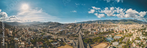 CARACAS, VENEZUELA - MAY 2022 - Aerial panoramic view of the La Arana distributor, Panoramic View of Francisco Fajardo highway in Caracas, Venezuela,