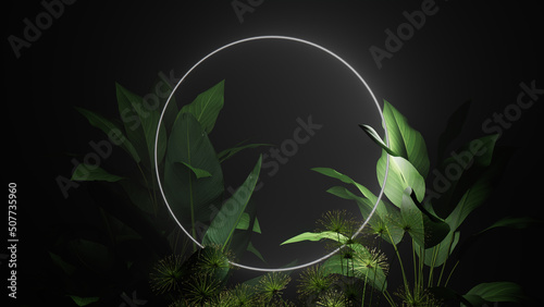 Tropical Leaves Illuminated with White Fluorescent Light. Exotic Environment with Circle shaped Neon Frame.