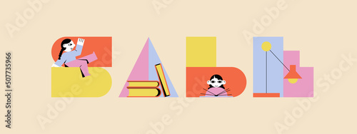 Vector banner to advertise the sale of books in store or library. Inscription with people reading for website or print. Sale concept. Suitable for flyer, label. Flat vector illustration of isolate