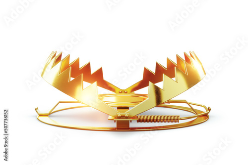 Golden bear trap isolated on white background, metal trap. Golden cage, Addiction, hunting, poaching, loan mortgage. 3D render, 3D illustration.