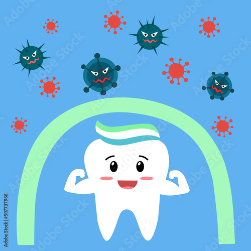 Strong tooth cartoon character with fluoride protection in flat design. Healthy teeth. Dental hygiene.