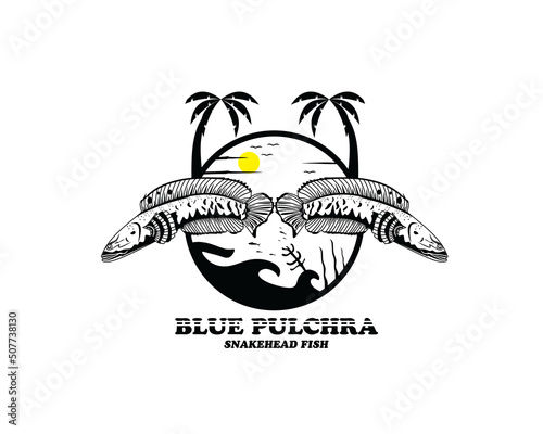 Vintage fish mascot logo channa pulchra photo
