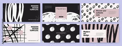 Creative covers or horizontal posters  in modern art style for corporate identity, branding, social media advertising, promo. Modern layout design template with abstract hand drawn doodle lines, dots