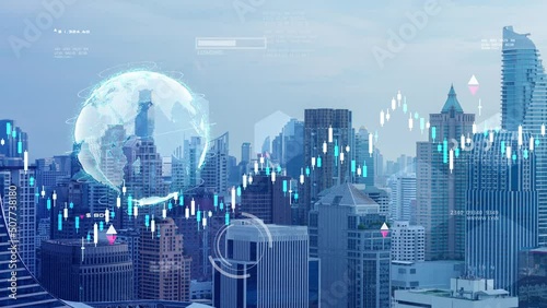 Finance business investment strategy competition, GDP investment security data analytic artificial intelligence technology futuristic graph chart stock exchange finance symbol screen city background