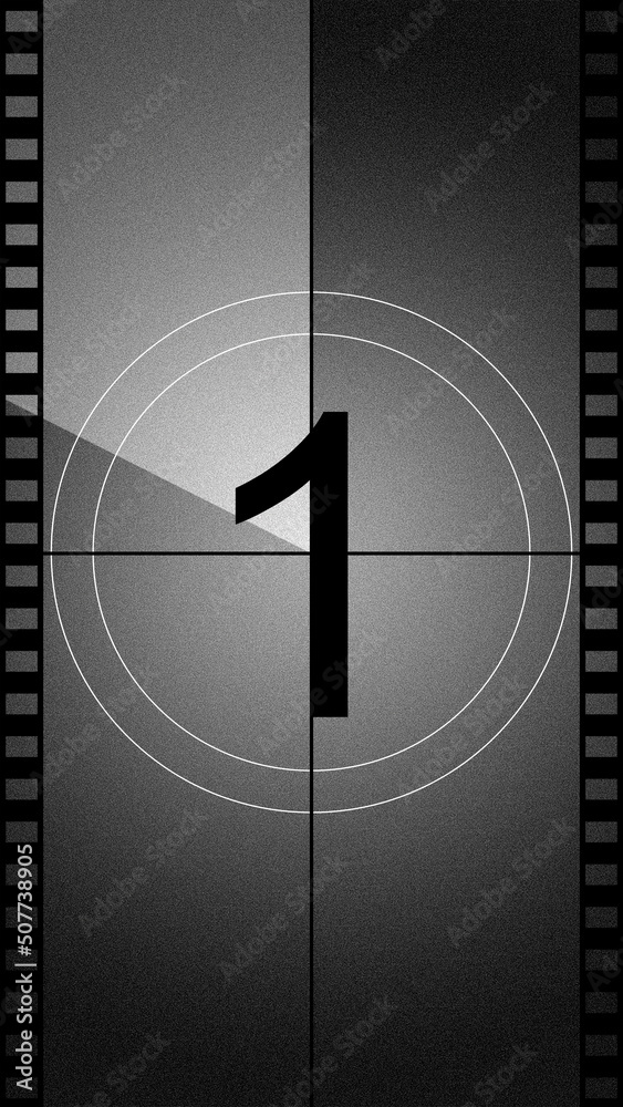 Old movie countdown reel in 9x16 format for TikTok and Instagram Reels.  Black and White with Grain added. Stock Photo