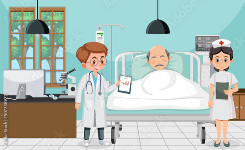 Elderly patient in hospital with doctor and nurse