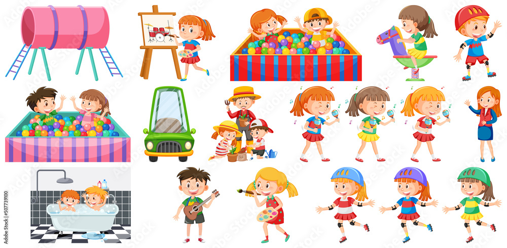 Set of cute kids and objects Set of cute kids and objects