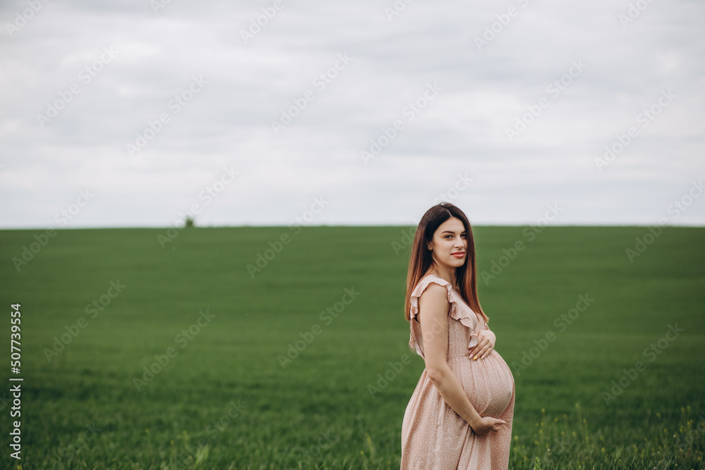 A beautiful young pregnant woman in the hat stands on a green field, leaning against a haystack. Sunny summer day. She is happy. A beautiful young pregnant woman in the hat stands on a green field, leaning against a haystack. Sunny summer day. She is happy.