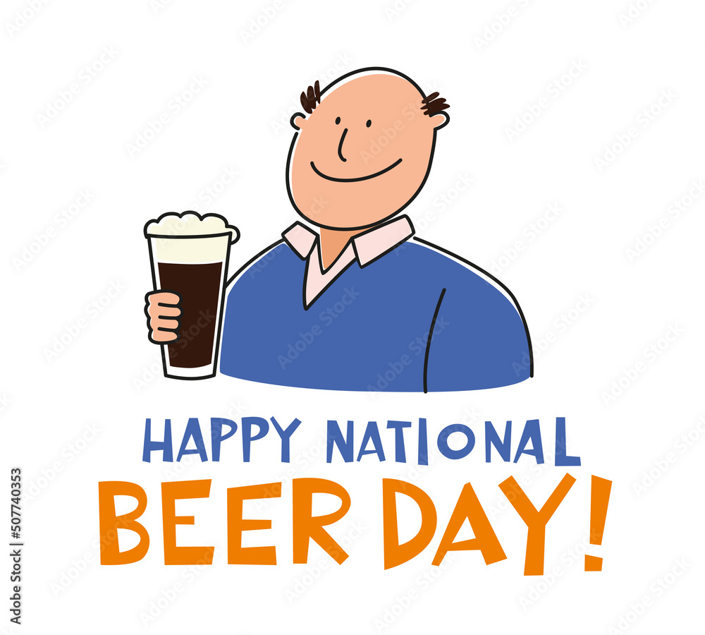 International beer day. Cheerful solid character with a glass of dark stout. Vector graphics International beer day. Cheerful solid character with a glass of dark stout. Vector graphics