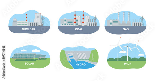 Power stations icons set. Various types of energy. Nuclear, coal, gas and hydroelectric power plants. Vector graphics