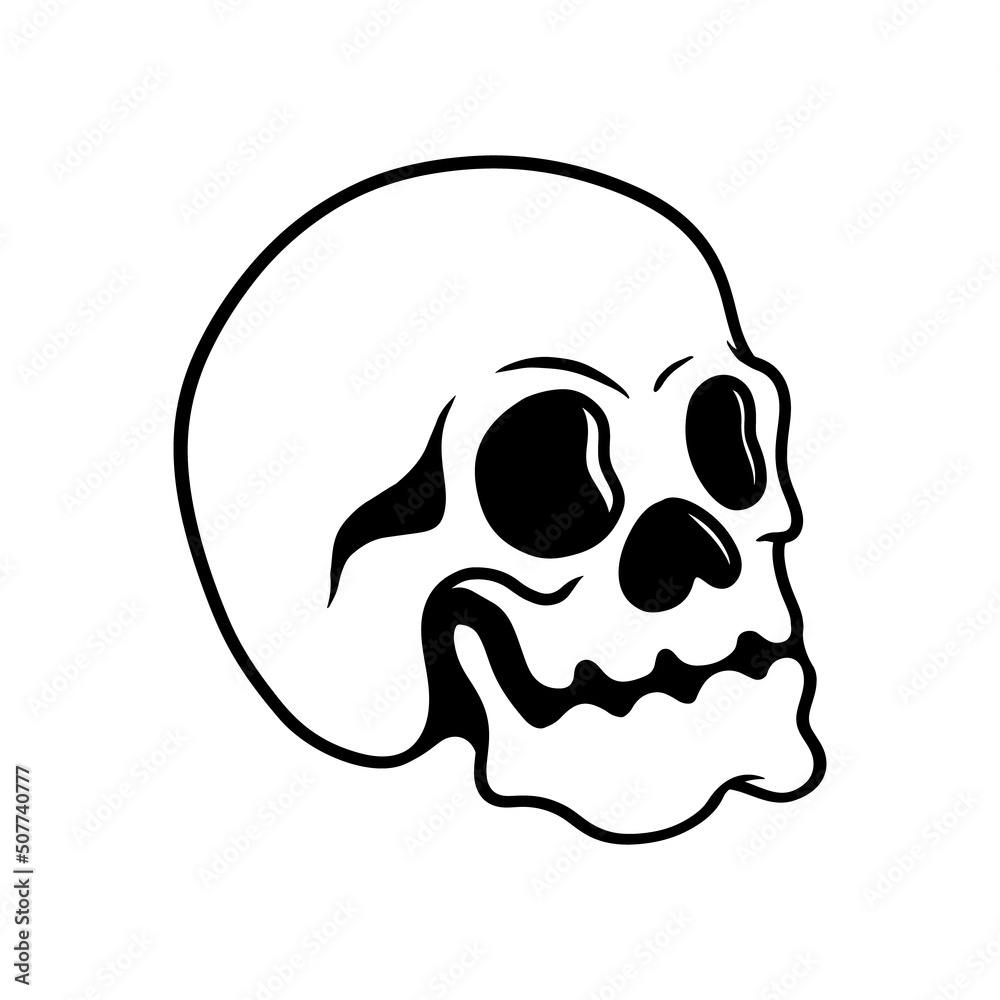 Illustration of human skull in monochrome style. Design element for poster, card, banner, emblem, sign. Vector illustration Illustration of human skull in monochrome style. Design element for poster, card, banner, emblem, sign. Vector illustration