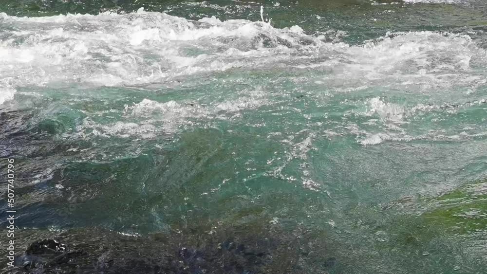 Steady shot of stream of water. Sport rafting on rivers. Beautiful view of flowing river water