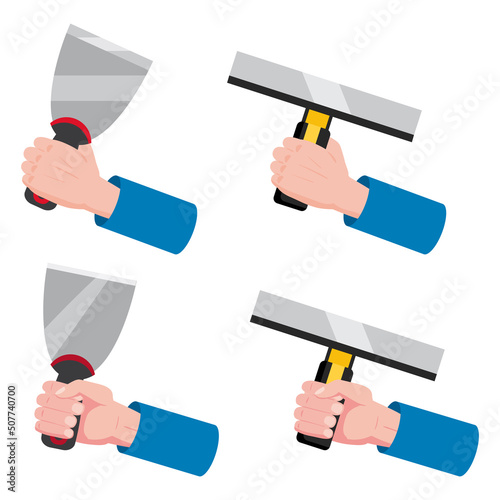 Set construction tools putty knife, spatula, brush repair tool. Hand hold spackling or paint instruments. Vector illustration isolated on white. Cartoon flat style