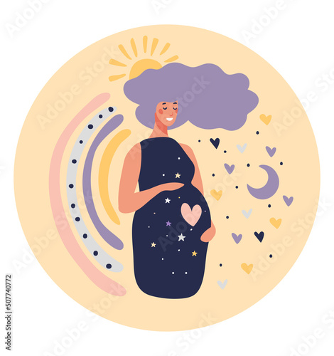 Round icon of cute pregnant young mommy with heart symbol, rainbow and sun, harmonious concept of pregnancy, planning and conception of a child. Flat cartoon isolated on white background. photo