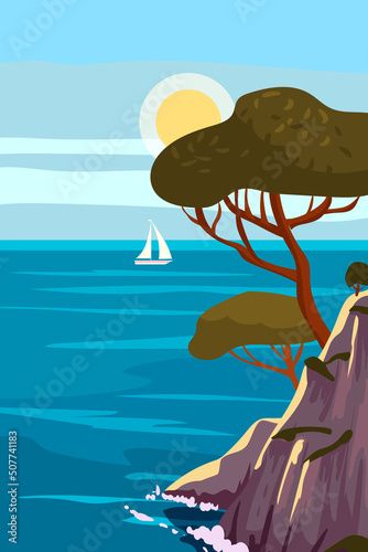 Retro Mediterranean Poster, landscape sea vacation Europe. Mountaines, trees, harbor, sailboat, sunset. Travel holiday summer voyage. Vintage style vector illustration