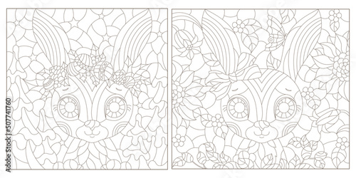 A set of contour illustrations in the style of stained glass with cute portraits of rabbits  dark contours on a white background