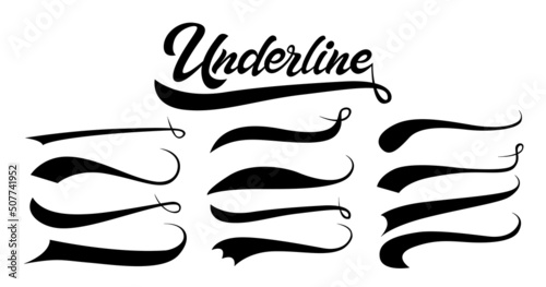 Calligraphic swoosh tail set, underline marker strockes. Sport logo typography elements. Texting letters tail for lettering or baseball club. Vector illustration