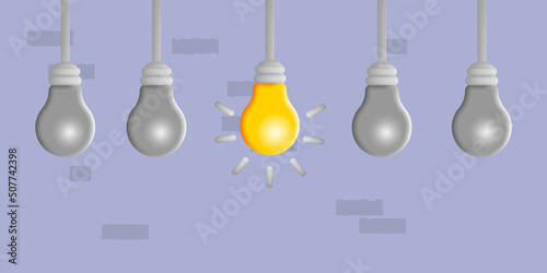 3D cartoon style, On and off bulb light hanging on ceiling with brick wall background
