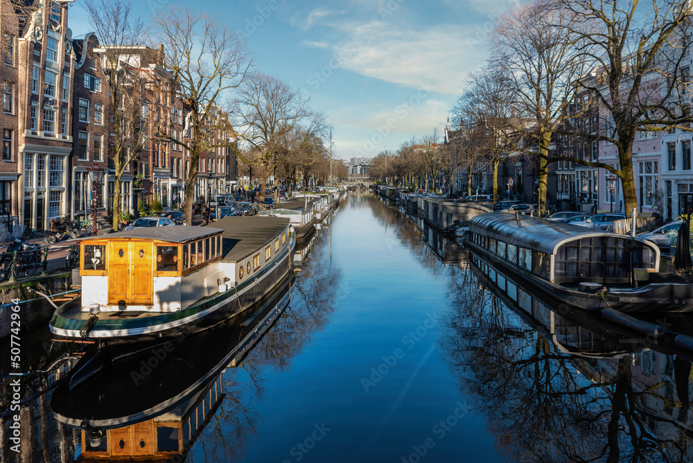 Canals of Amsterdam on a sunny day.