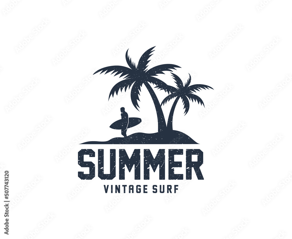 Summer Surf Beach Vacation Holiday Line Art Vintage Hipster Label Stamp Logo design
