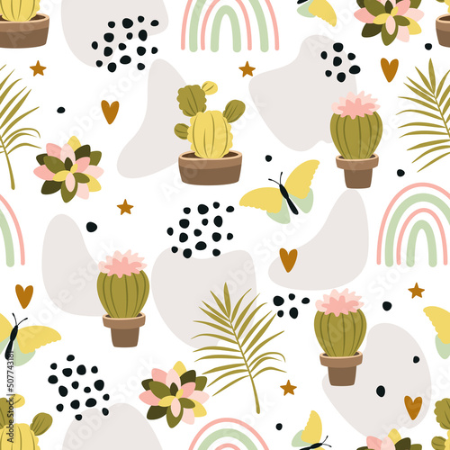 Seamless pattern with cute cactus on a summer background abstract. Vector illustration.
