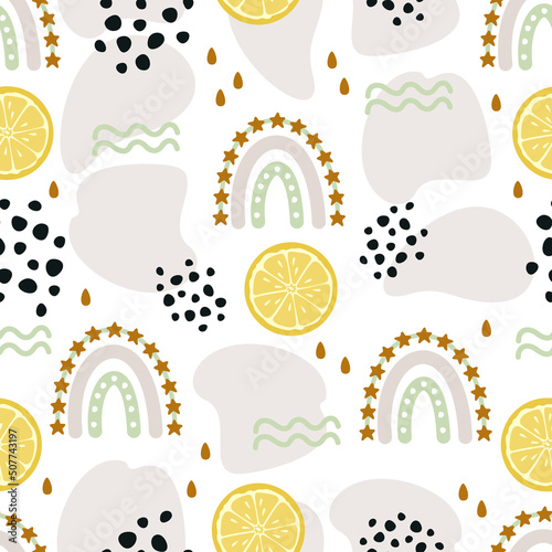 Abstract seamless patterns. Summer background with dots and a rainbow .Vector illustration.