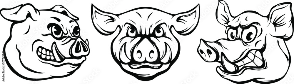 Pigs mascot. Angry swine logo. Hog vector illustration