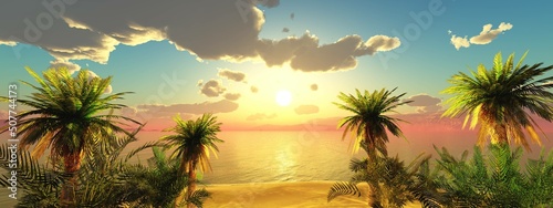 Beautiful sea sunset over the shore with palm trees, palm trees on the beach at sunset, 3d rendering