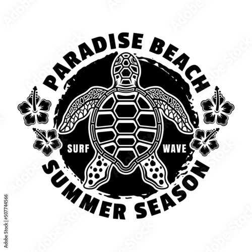 Paradise beach vector vintage emblem, label, badge or logo with sea turtle top view. Illustration in monochrome style isolated on white background