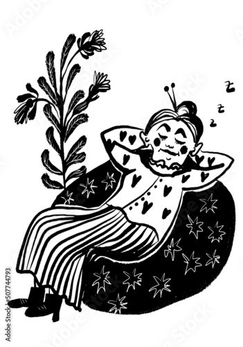 drawing picture of a cute elderly woman in a heart-shaped dress relaxing in a bean bag chair in a home garden under a flower in a pot, sketch, hand drawn digital vector illustration