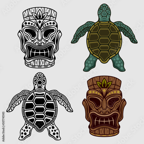 Tiki head and sea turtle hawaiian set of vector objects in two styles colored and black and white