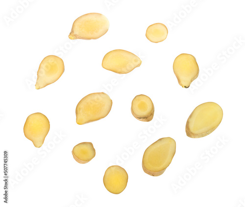 Set of Fresh sliced ginger root on white background for herb and medical product concept