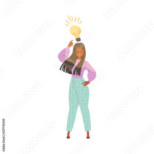 Woman with Light Bulb Above Head as Smart Idea and Solution Vector Illustration