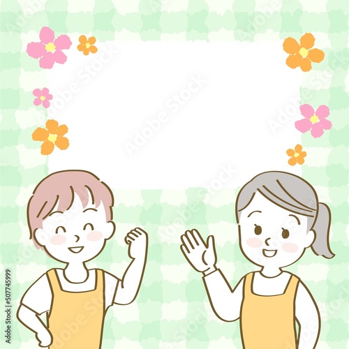 イラスト素材：エプロン姿2人のバナー/正方形/男女エプロン姿（正面/上半身/主線あり）
