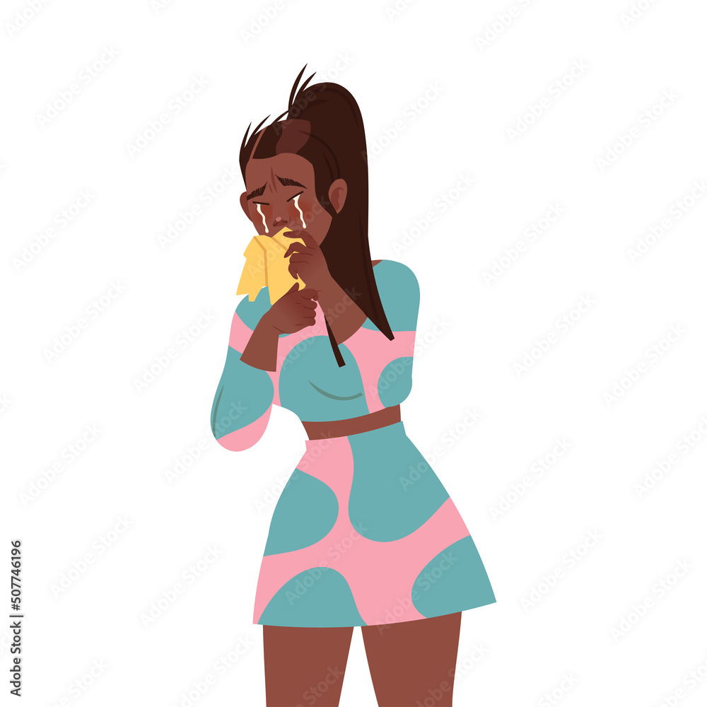 Woman Character with Handkerchief Crying, Weeping and Sobbing from Sorrow and Grief Feeling Sad and Upset Vector Illustration