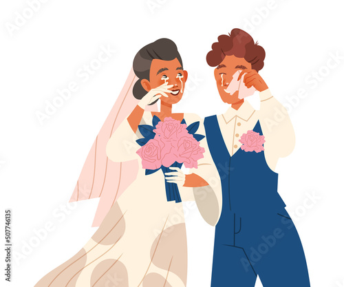Crying Newlywed Couple Weeping and Sobbing from Happiness Vector Illustration.