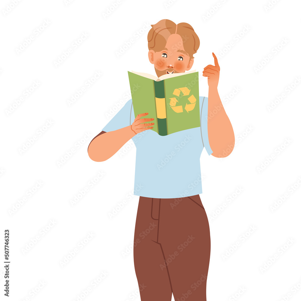 Young Bearded Man Character with Recycle Book Caring about Planet and Saving Ecosystem Vector Illustration Young Bearded Man Character with Recycle Book Caring about Planet and Saving Ecosystem Vector Illustration