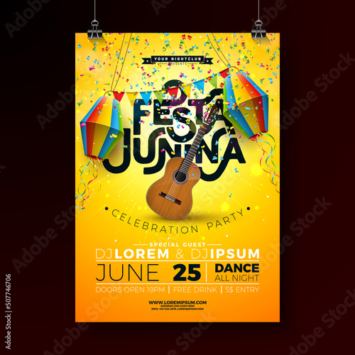 Festa Junina Party Flyer Illustration with Paper Lantern, Flags and Acoustic Guitar on Sun Yellow Background. Vector Brazil June Sao Joao Festival Design for Invitation or Celebration Poster.