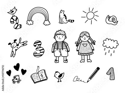 Children kindergarten sketch style. Doodle kids. Baby, play, summer, outdoors, rainbow, book, cat, dog, pencil, numbers cute cartoon illustration on white background.