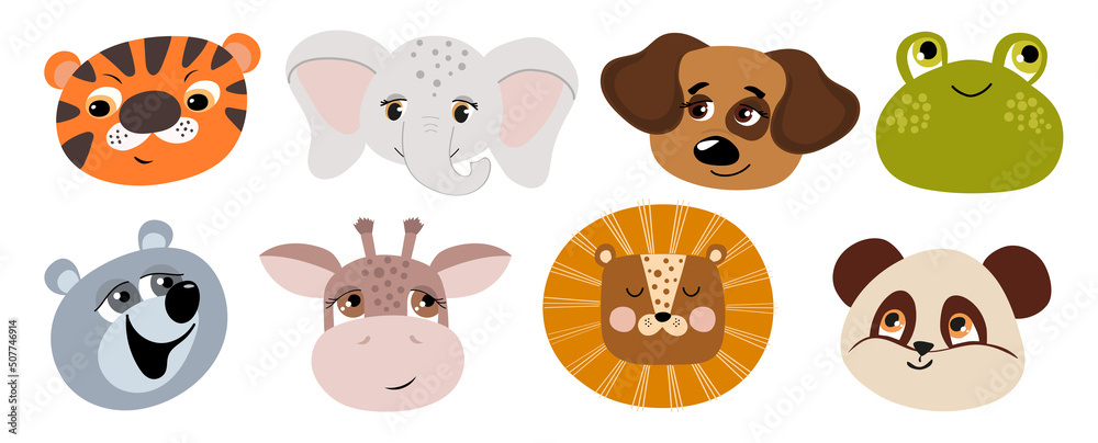 Obraz premium Cute muzzles of animals on a white background. Set of vector illustrations of animals for printing on fabric, postcard, wrapping paper, poster, wallpaper. Decoration of children's room and clothes.