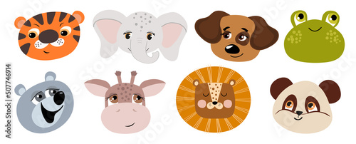 Cute muzzles of animals on a white background. Set of vector illustrations of animals for printing on fabric, postcard, wrapping paper, poster, wallpaper. Decoration of children's room and clothes.