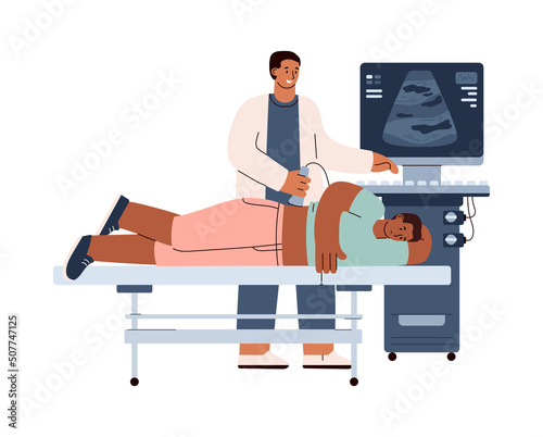 Doctor making ultrasound research for man patient flat style