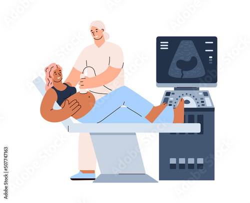 Pregnancy ultrasound or sonogram examination flat vector illustration isolated.
