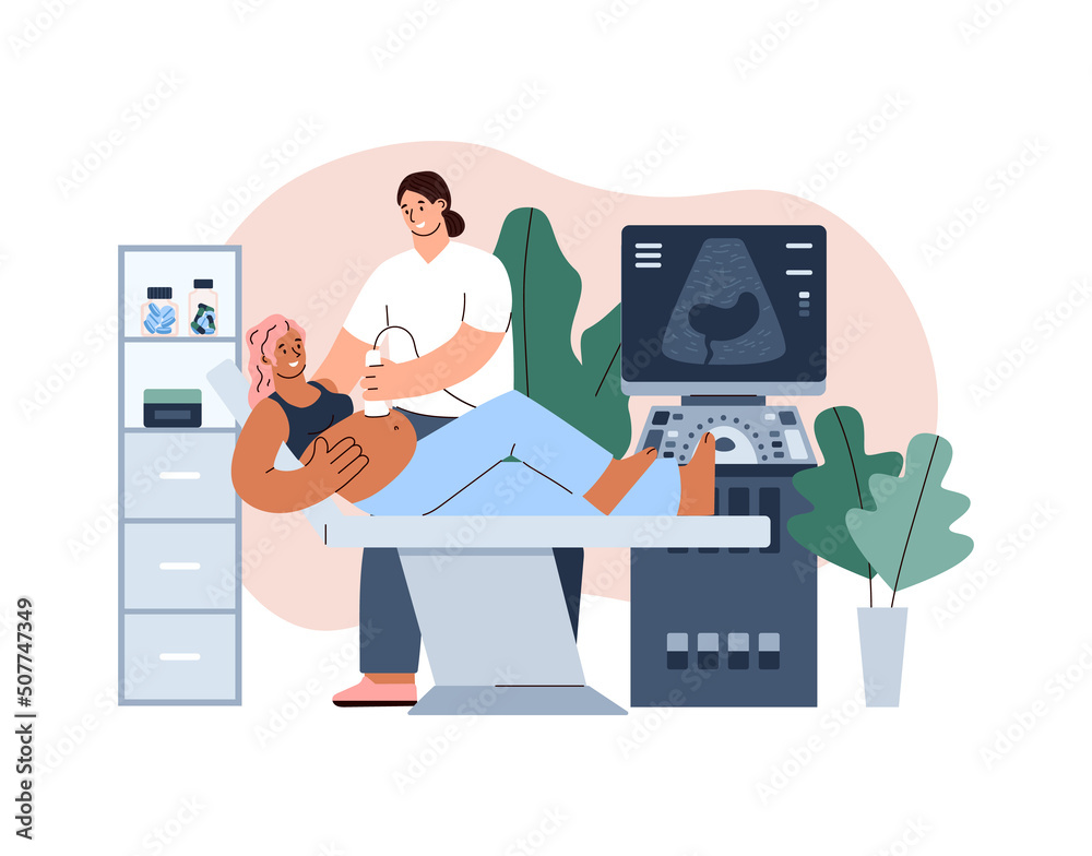 Pregnant happy woman on ultrasound screening, flat vector illustration on white background.