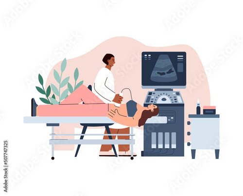 Doctor examines stomach and abdominal of woman patient, flat vector illustration on white background.