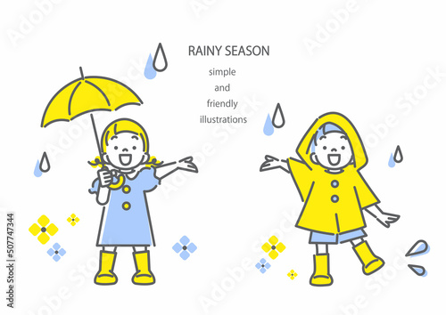 雨の日の子供たち　女の子　男の子　シンプルでかわいい線画イラスト