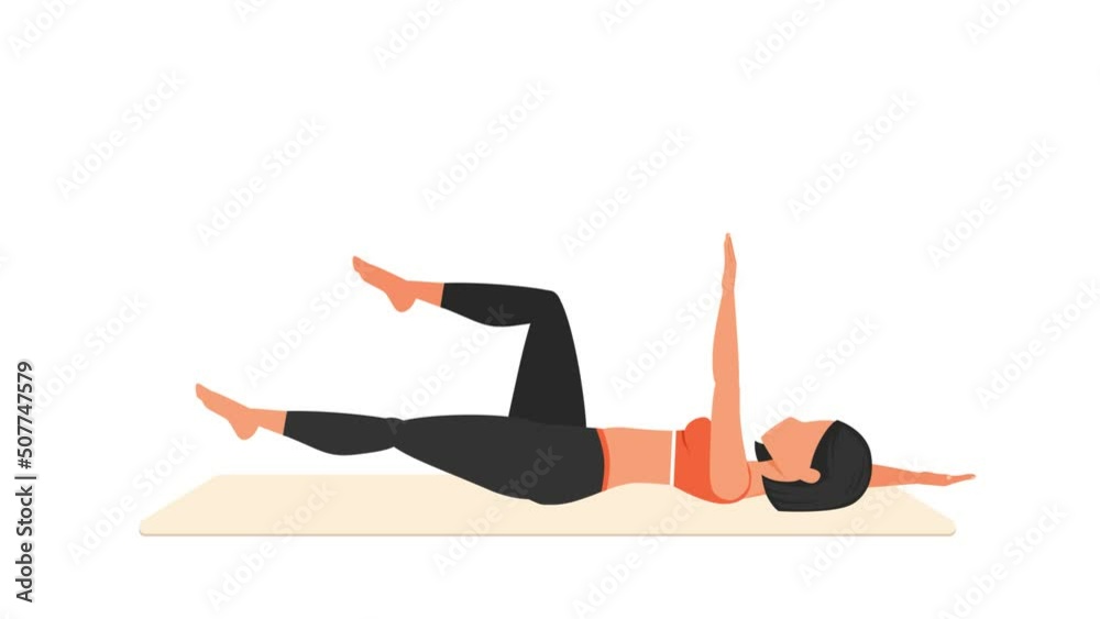 Dead bug exercise. Female workout on mat. Fitness woman exercising. Looped 2D animation with young girl character training. Sport and healthy lifestyle concept.