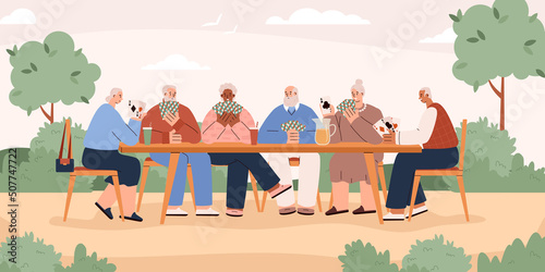 Grandparents playing cards on the street, vector flat illustration on a white background.